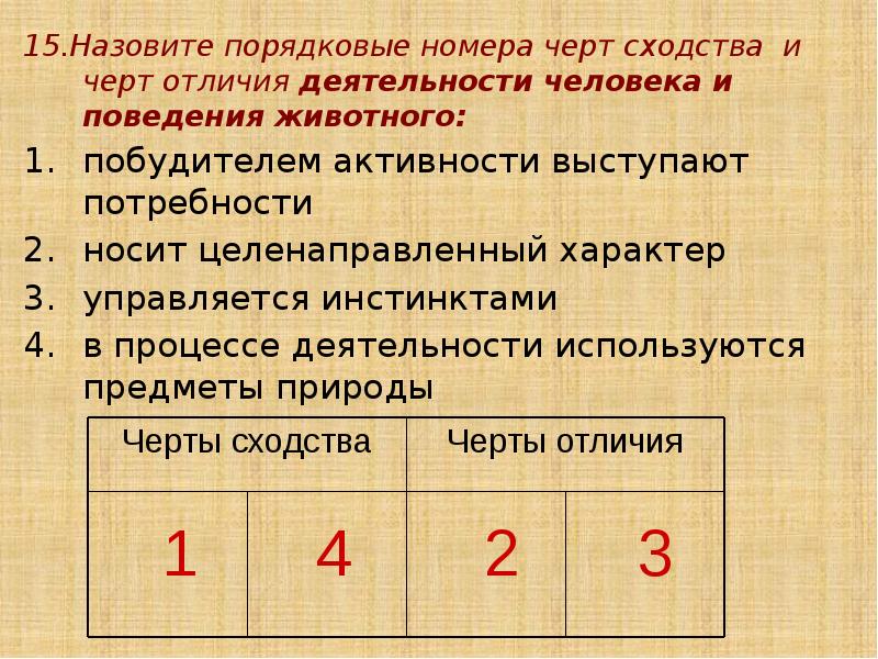 15.Назовите порядковые номера черт сходства и черт отличия деятельности человека и