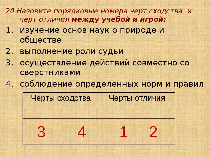 20.Назовите порядковые номера черт сходства и черт отличия между учебой и