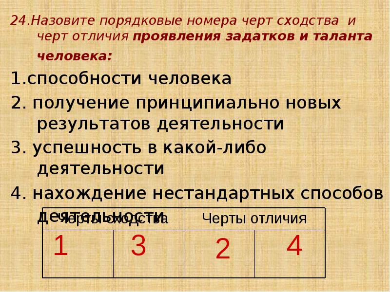 24.Назовите порядковые номера черт сходства и черт отличия проявления задатков и