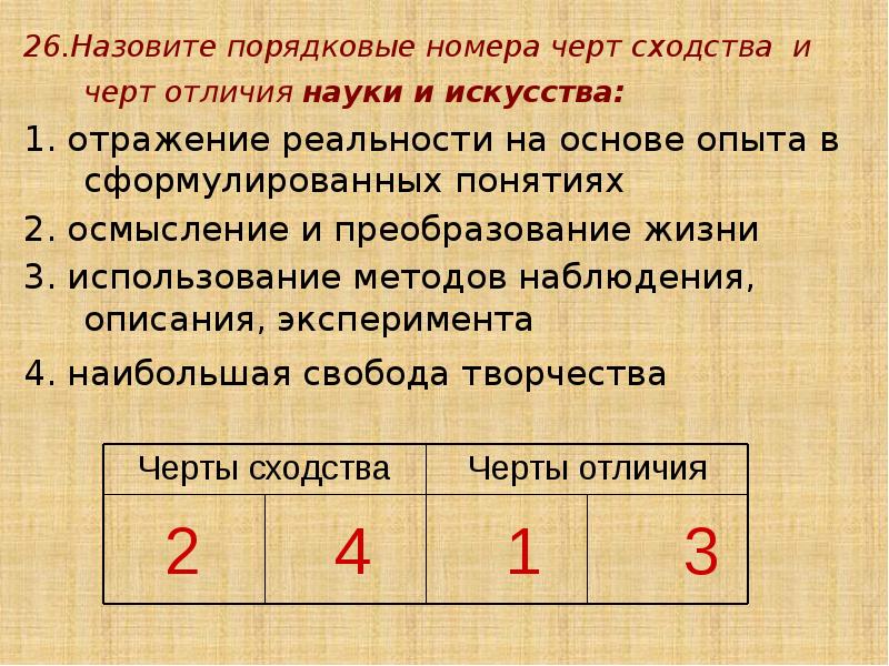 26.Назовите порядковые номера черт сходства и черт отличия науки и искусства: