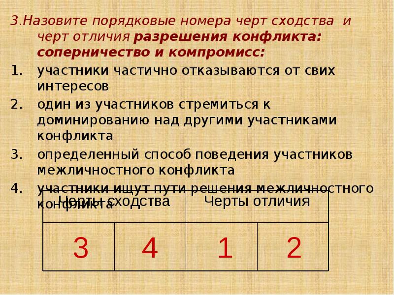 3.Назовите порядковые номера черт сходства и черт отличия разрешения конфликта: соперничество