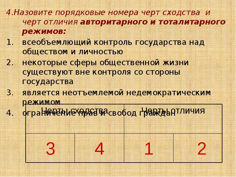 4.Назовите порядковые номера черт сходства и черт отличия авторитарного и тоталитарного