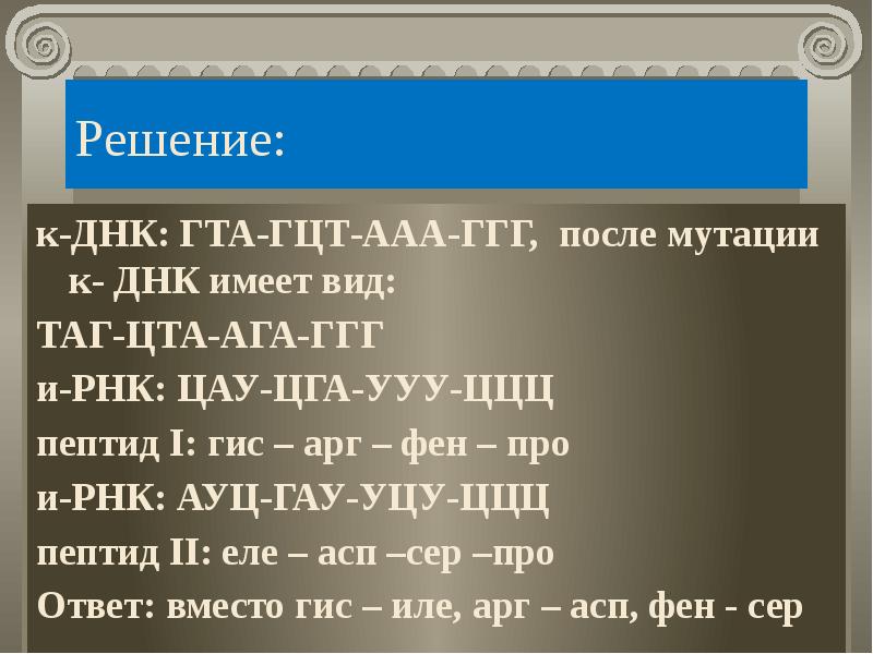 Решение:
к-ДНК: ГТА-ГЦТ-ААА-ГГГ, после мутации к- ДНК имеет вид:
ТАГ-ЦТА-АГА-ГГГ
и-РНК: ЦАУ-ЦГА-УУУ-ЦЦЦ
пептид I: гис – арг – фен – про
и-РНК: АУЦ-ГАУ-УЦУ-ЦЦЦ
пептид II: еле – асп –сер –про
Ответ: вместо гис – иле, арг – асп, фен - сер