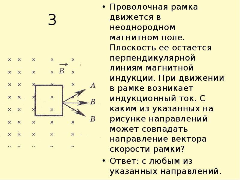 3 Проволочная рамка движется в неоднородном магнитном поле. Плоскость ее остается
