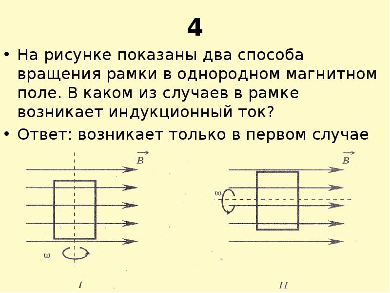 На рисунке изображен случай. Ток при вращении рамки в однородном магнитном поле. Показаны два способа вращения рамки в однородном магнитном поле.. Индукционный ток в рамке. Направление индукционного тока в рамке.