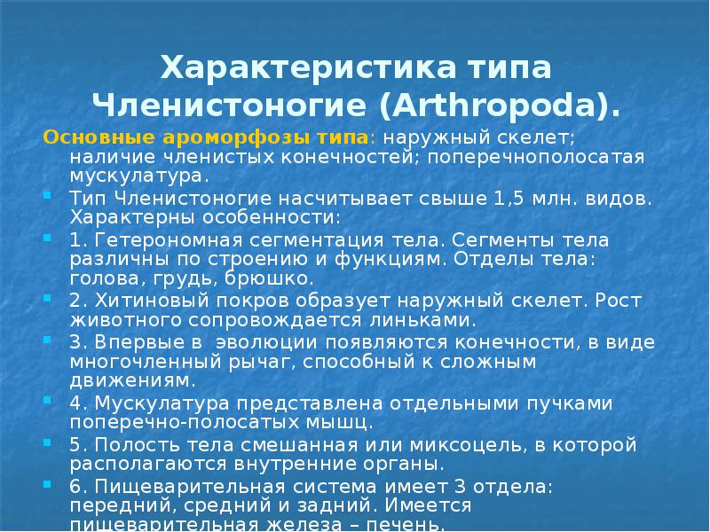 Характеристика типа Членистоногие (Arthropoda). Основные ароморфозы типа: наружный скелет; наличие членистых