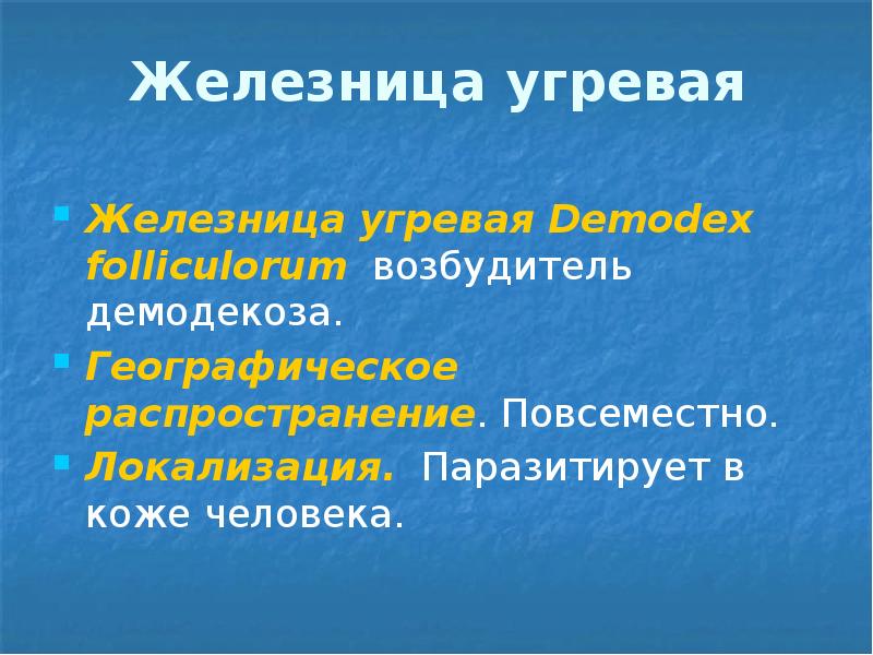 Железница угревая Железница угревая Demodex folliculorum возбудитель демодекоза.  Географическое распространение.