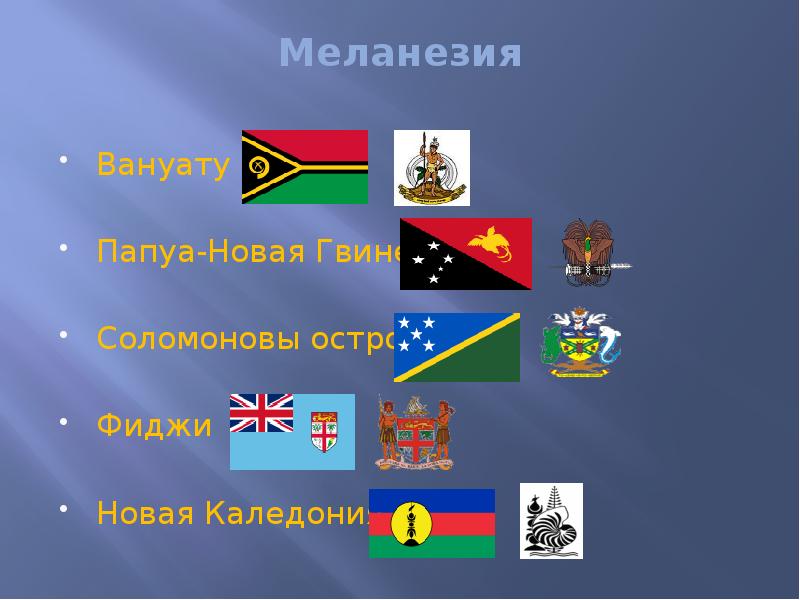 Меланезия
Вануату
Папуа-Новая Гвинея
Соломоновы острова
Фиджи
Новая Каледония Меланезия
Вануату
Папуа-Новая Гвинея
Соломоновы острова
Фиджи
Новая Каледония