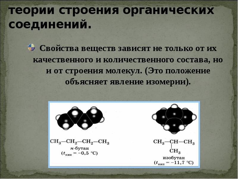 Строение органических соединений. Качественный и количественный состав молекулы. Химическое строение и свойства органических веществ. Свойства органических веществ зависят от строения их молекул. Зависимость свойств веществ от химического строения.