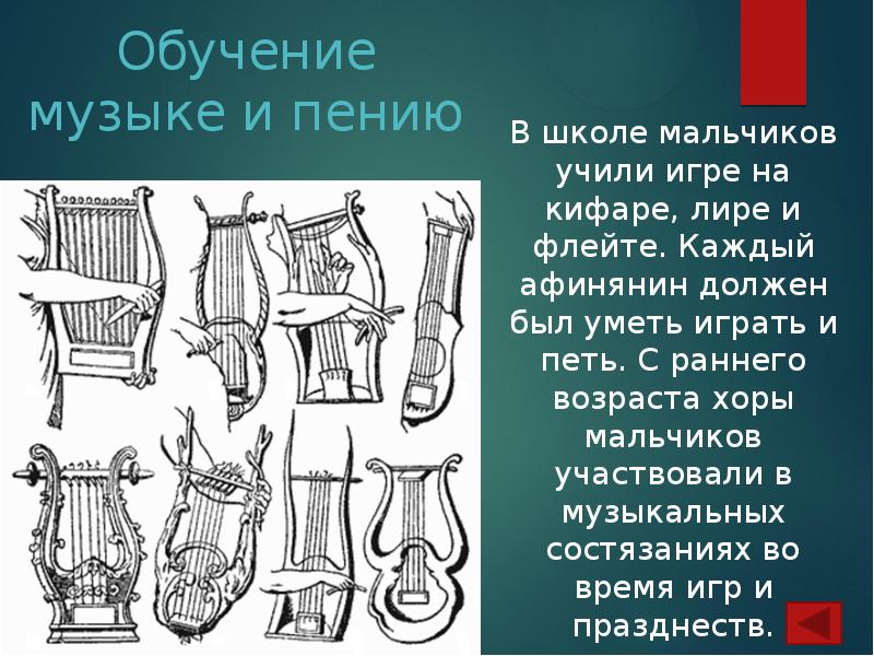 Обучение музыке и пению
В школе мальчиков учили игре на кифаре, Обучение музыке и пению
В школе мальчиков учили игре на кифаре,