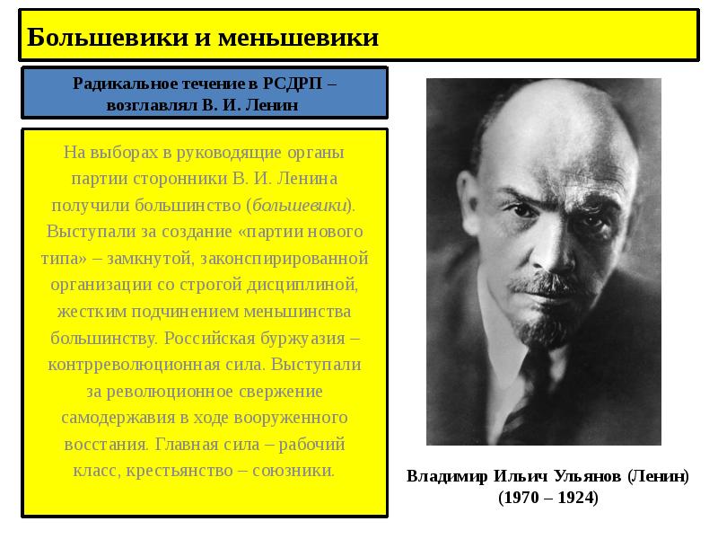 Большевики и меньшевики Радикальное течение в РСДРП – возглавлял В. И.
