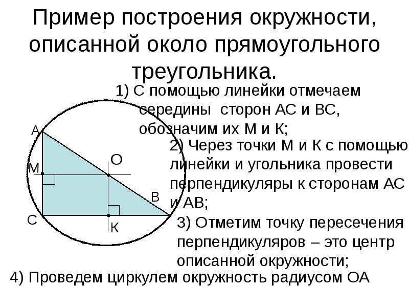 Как построить описанную окружность около треугольника. Окружность описанная около прямоугольного треугольника. Центр описанной окружности прямоугольного треугольника. Описанная окружность около прямоугольного треугольника построение. Построить описанную окружность около прямоугольного треугольника.
