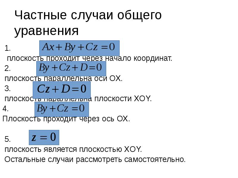 Частные случаи общего уравнения
1.
плоскость проходит через начало Частные случаи общего уравнения
1.
плоскость проходит через начало