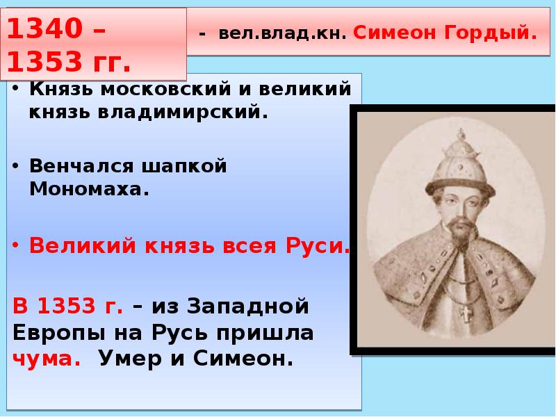 Укажите князя пропущенного в схеме иван калита симеон гордый дмитрий донской