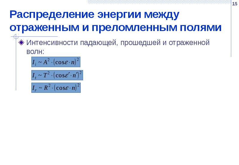 Распределение энергии между отраженным и преломленным полями Интенсивности падающей, прошедшей и