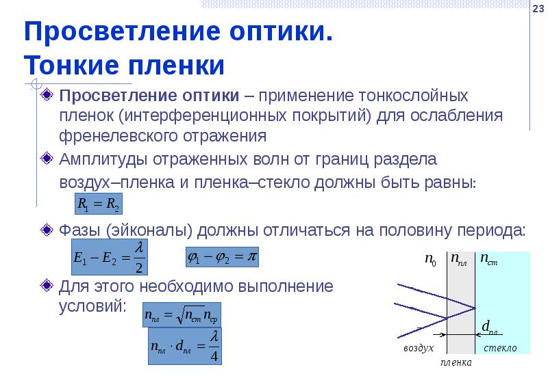 Просветление оптики.  Тонкие пленки Просветление оптики – применение тонкослойных пленок