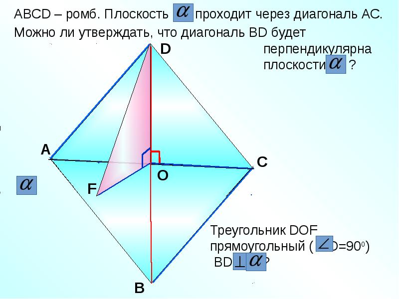 В ромбе проведена прямая. Ромб на плоскости. Перпендикуляр в ромбе. Диагонали ромба ABCD. Вершина ромба.