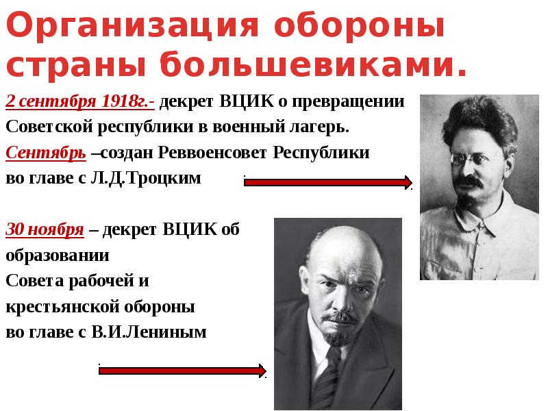 Левее большевиков. Реввоенсовет Республики л.д.Троцкий. Троцкий председатель Реввоенсовета. Организация обороны страны большевиками. Сентябрь 1918 декрет о.