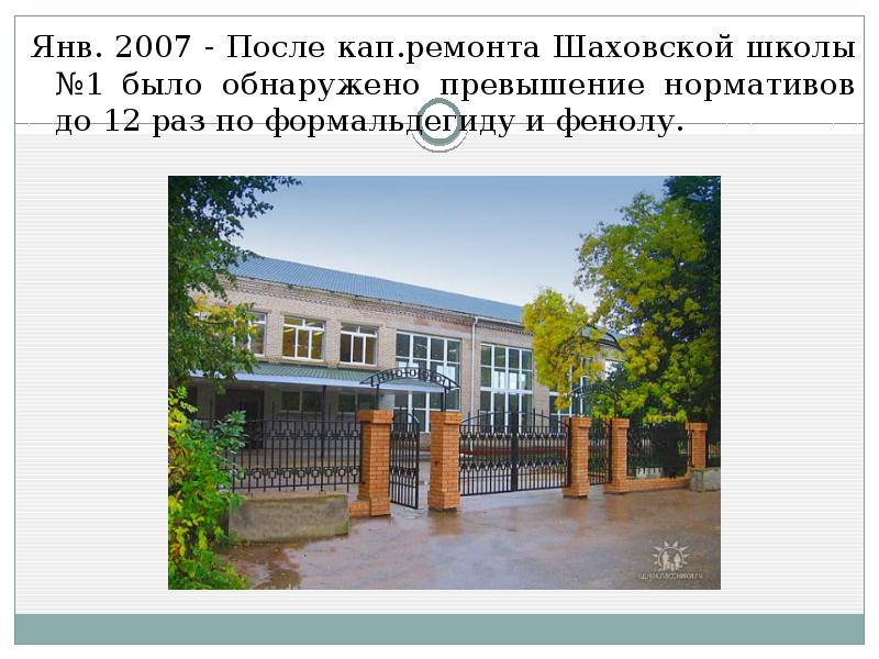 Янв. 2007 - После кап.ремонта Шаховской школы №1 было обнаружено превышение Янв. 2007 - После кап.ремонта Шаховской школы №1 было обнаружено превышение