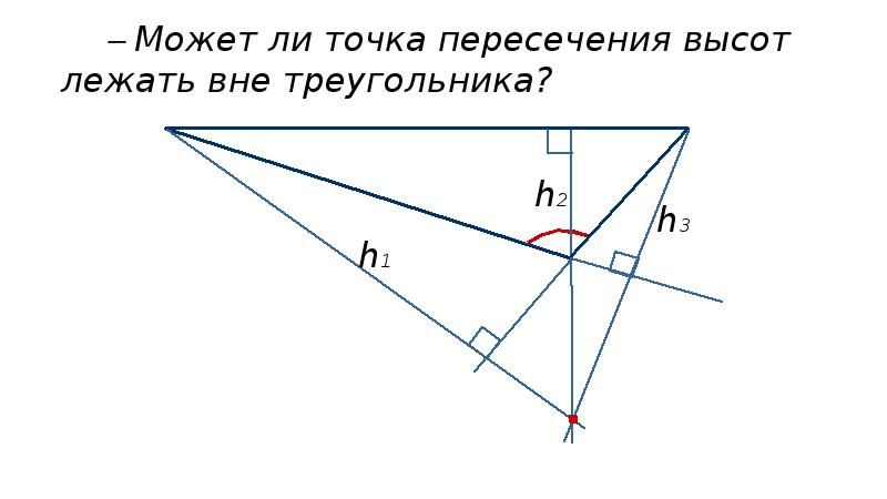 Пересечение биссектрисы и высоты. Высоты треугольника h1 h2. Может ли точка пересечения высот лежать вне треугольника. Высота вне треугольника. Точка пересечения высот треугольника может лежать вне треугольника.