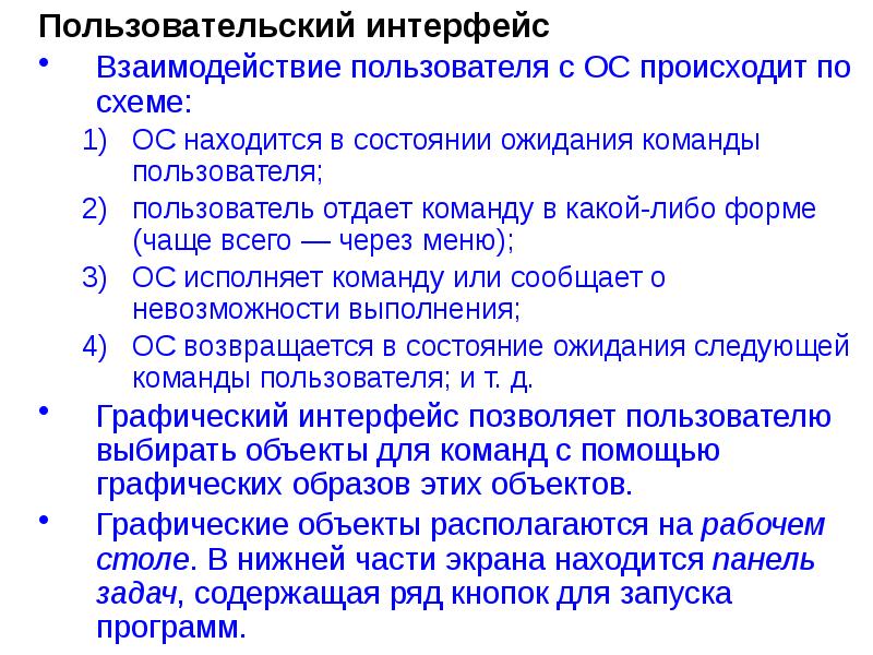 Взаимодействие пользователя с операционной системой происходит по схеме