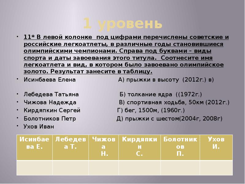 1 уровень 11* В левой колонке под цифрами перечислены советские и
