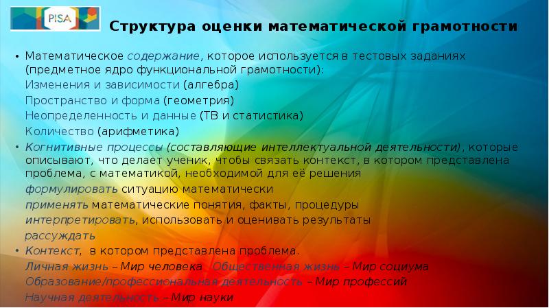 Структура оценки математической грамотности  Математическое содержание, которое используется в тестовых