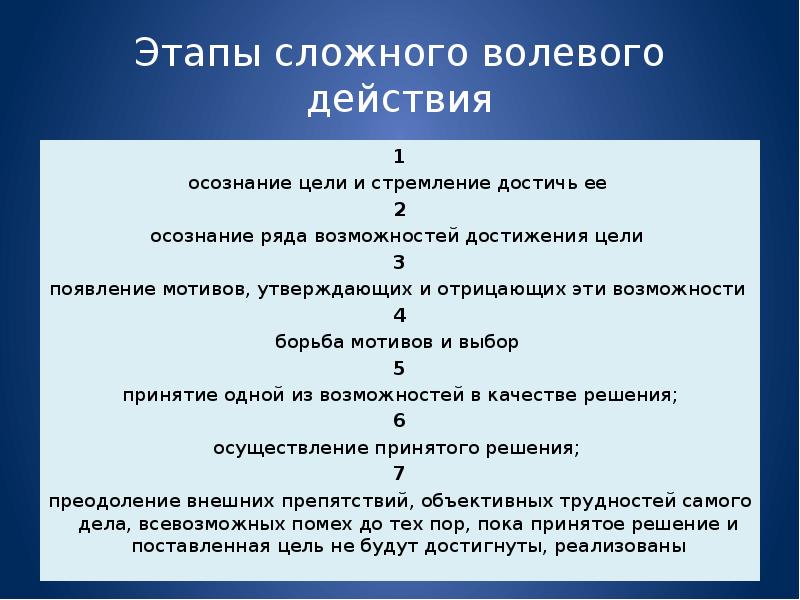 Заполните схему сложного волевого действия 5 этапов