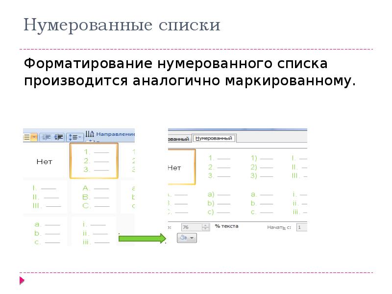 Нумеровано маркированный. Форматирование списков. Нумерованный список пример. Форматирование нумерованных и маркированных списков.. В нумерованных списках элементы.