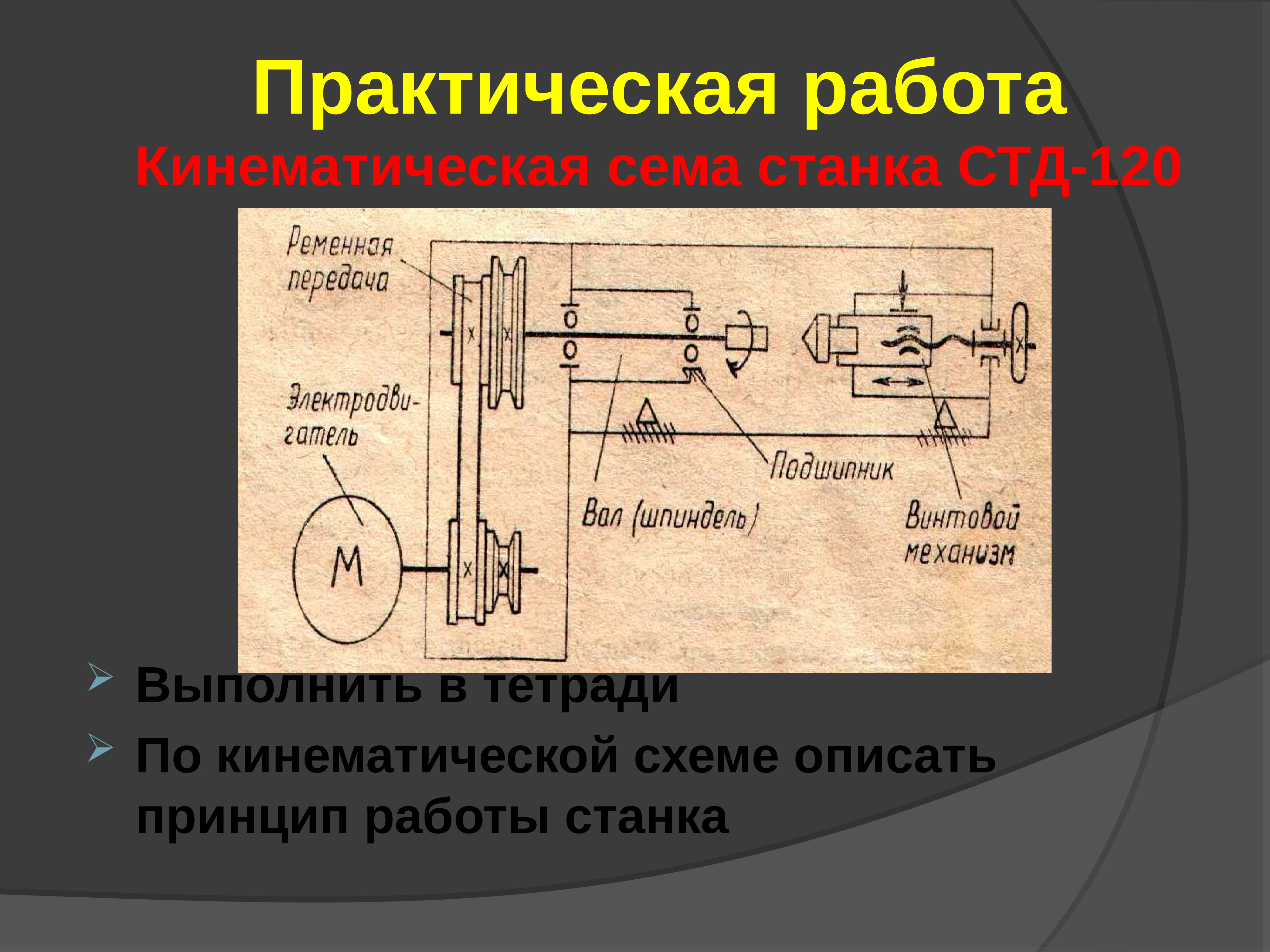 Принцип работы станка. Практическая работа кинематика. Практическая работа на станке. Принцип действия СТД-120. Порядок работы на станке СТД 120.