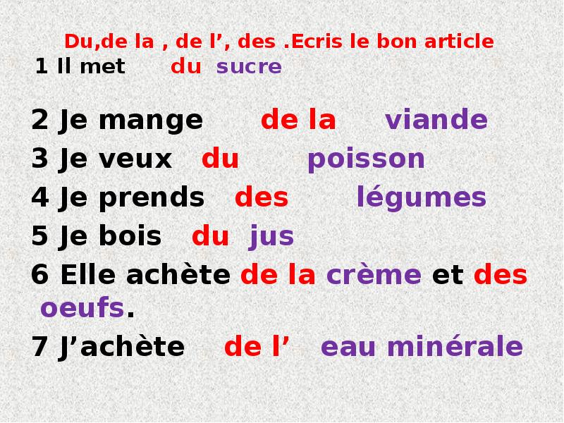 Du,de la , de l’, des .Ecris le bon article Du,de la , de l’, des .Ecris le bon article