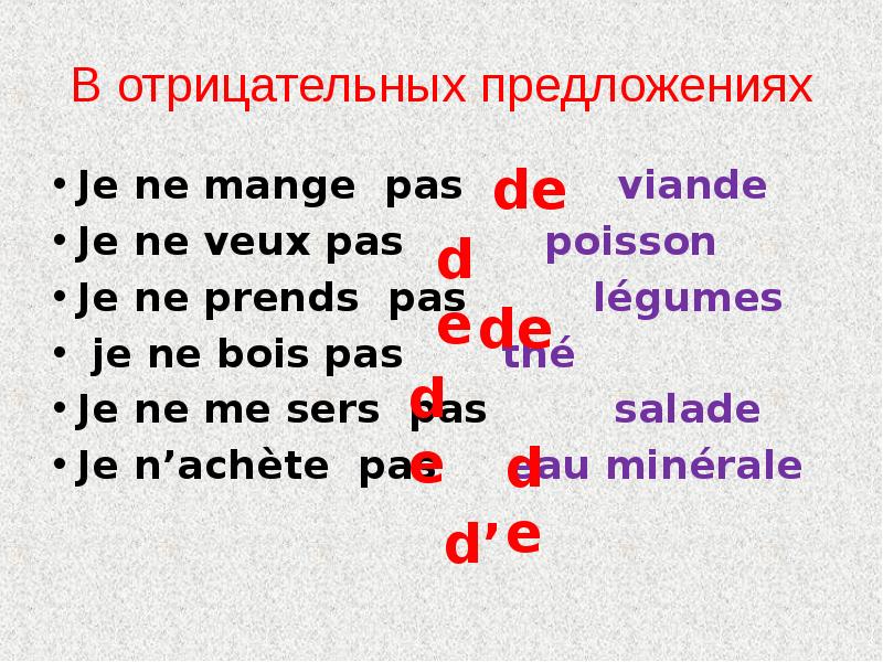 В отрицательных предложениях
Je ne mange pas В отрицательных предложениях
Je ne mange pas