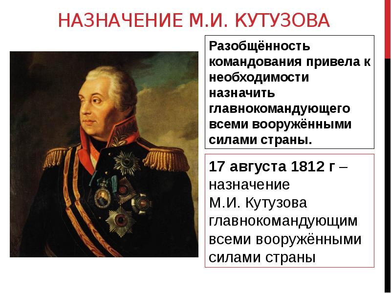 Назначение Кутузова главнокомандующим 1812. Назначение Кутузова главнокомандующим Дата 1812.