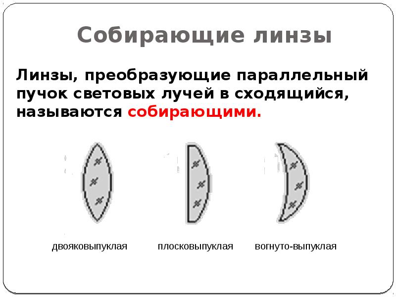 Суть выпуклой линзы собирающие. Собирающая линза. Линзы преобразующие параллельный пучок. Выпуклая и вогнутая линзы. Выпуклая линза называется.