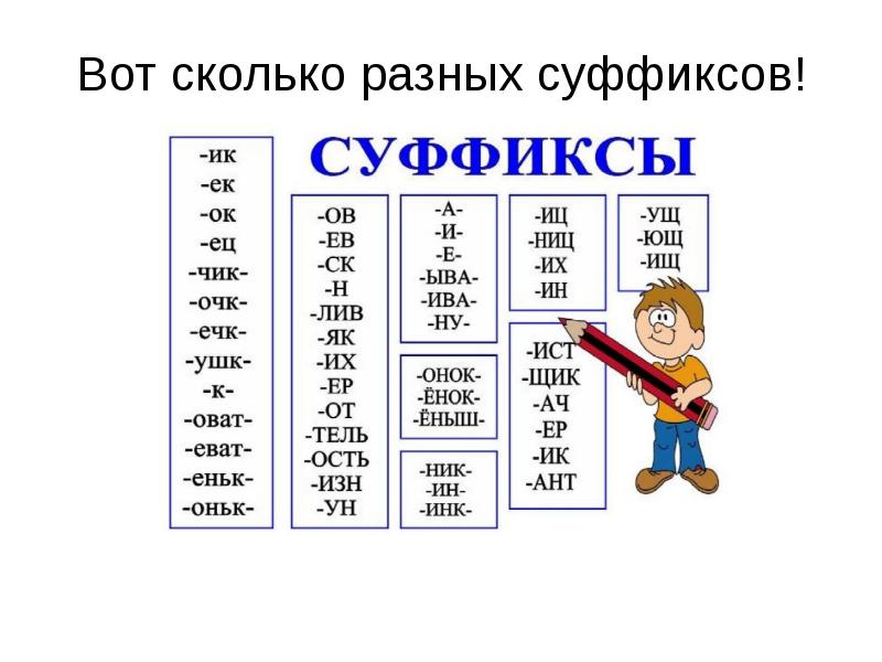 Различные суффиксы. Слова с разными суффиксами.