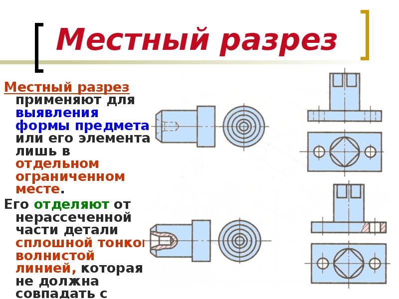 Какие виды разрезов. Местный разрез Инженерная Графика. Местный разрез отверстия на чертеже. Что такое местный разрез в черчении. Линия ограничивающая местный разрез.