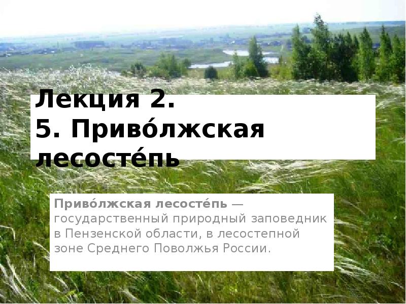 Лекция 2. 5. Приво́лжская лесосте́пь
Приво́лжская лесосте́пь — государственный природный заповедник в Пензенской области, Лекция 2. 5. Приво́лжская лесосте́пь
Приво́лжская лесосте́пь — государственный природный заповедник в Пензенской области,