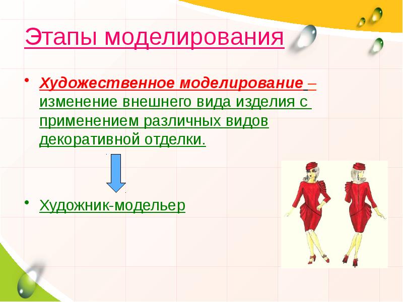 Этапы моделирования
Художественное моделирование –изменение внешнего вида изделия с применением различных Этапы моделирования
Художественное моделирование –изменение внешнего вида изделия с применением различных