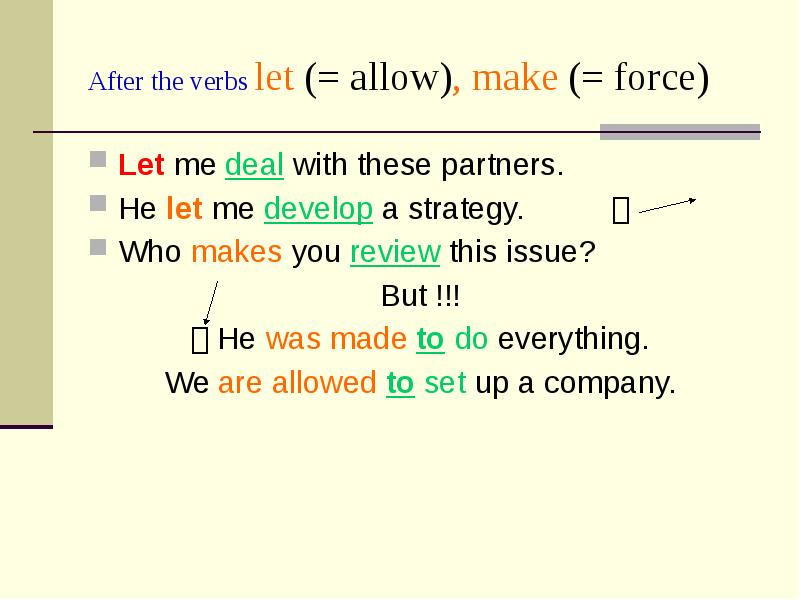 After the verbs let (= allow), make (= force)
Let me After the verbs let (= allow), make (= force)
Let me