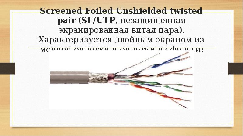 Screened Foiled Unshielded twisted pair (SF/UTP, незащищенная экранированная витая пара). Характеризуется двойным