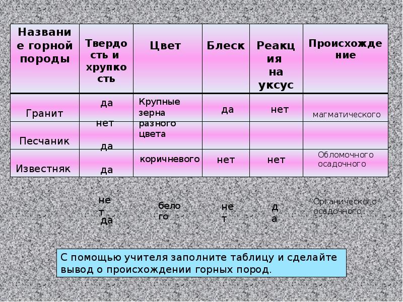 Рассмотрите образцы горных пород и заполните таблицу