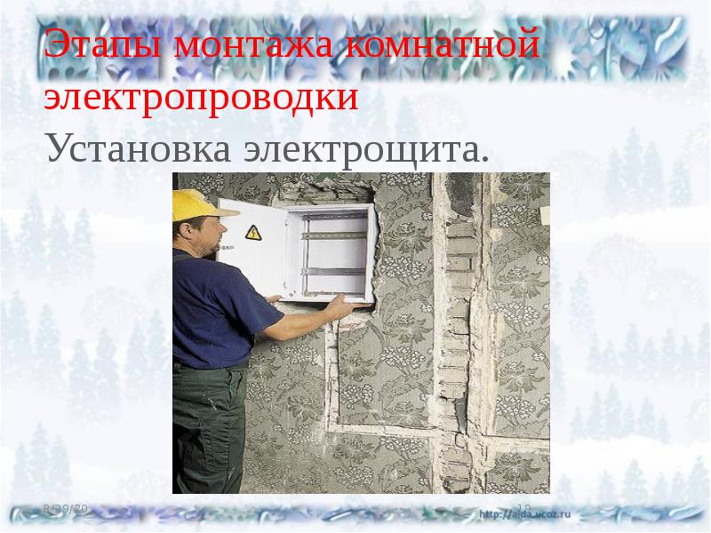 Этапы монтажа комнатной электропроводки Установка электрощита. Этапы монтажа комнатной электропроводки Установка электрощита.