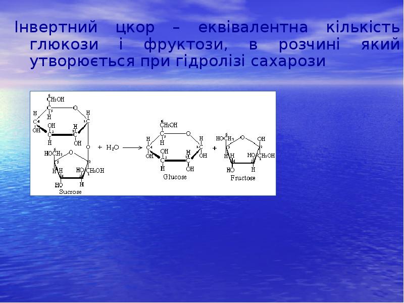 Інвертний цкор – еквівалентна кількість глюкози і фруктози, в розчині який Інвертний цкор – еквівалентна кількість глюкози і фруктози, в розчині який