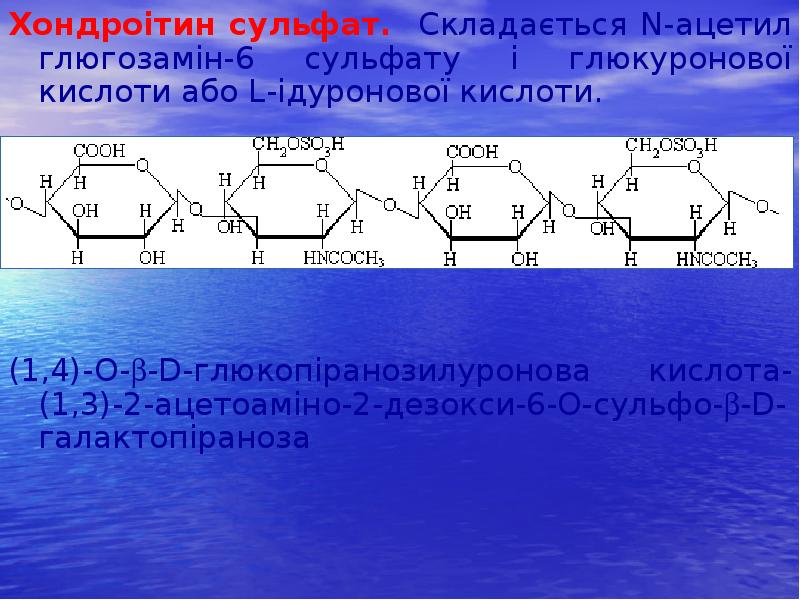 Хондроітин сульфат. Складається N-ацетил глюгозамін-6 сульфату і глюкуронової кислоти або L-ідуронової Хондроітин сульфат. Складається N-ацетил глюгозамін-6 сульфату і глюкуронової кислоти або L-ідуронової