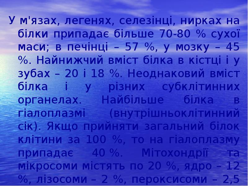 У м'язах, легенях, селезінці, нирках на білки припадає більше 70-80 % У м'язах, легенях, селезінці, нирках на білки припадає більше 70-80 %