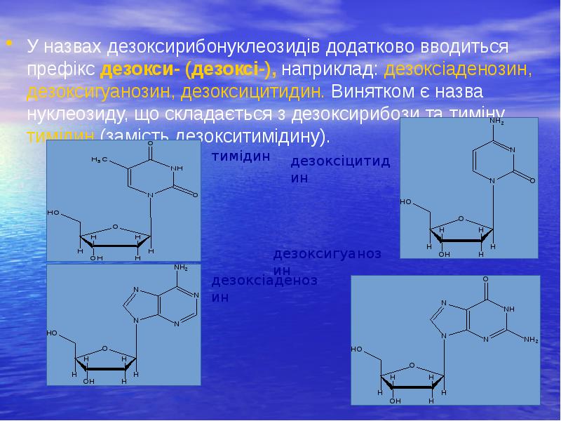 У назвах дезоксирибонуклеозидів додатково вводиться префікс дезокси- (дезоксі-), наприклад: дезоксіаденозин, дезоксигуанозин, У назвах дезоксирибонуклеозидів додатково вводиться префікс дезокси- (дезоксі-), наприклад: дезоксіаденозин, дезоксигуанозин,