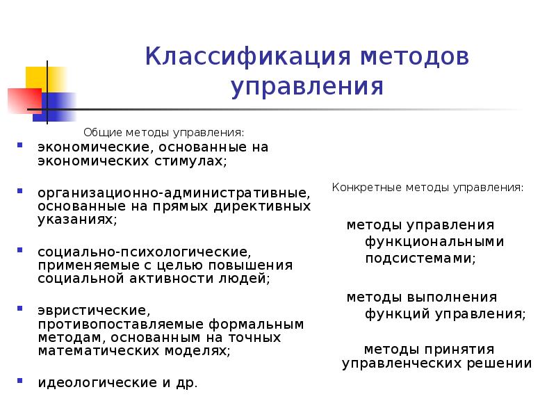 Классификация методов управления Общие методы управления: экономические, основанные на экономических стимулах;