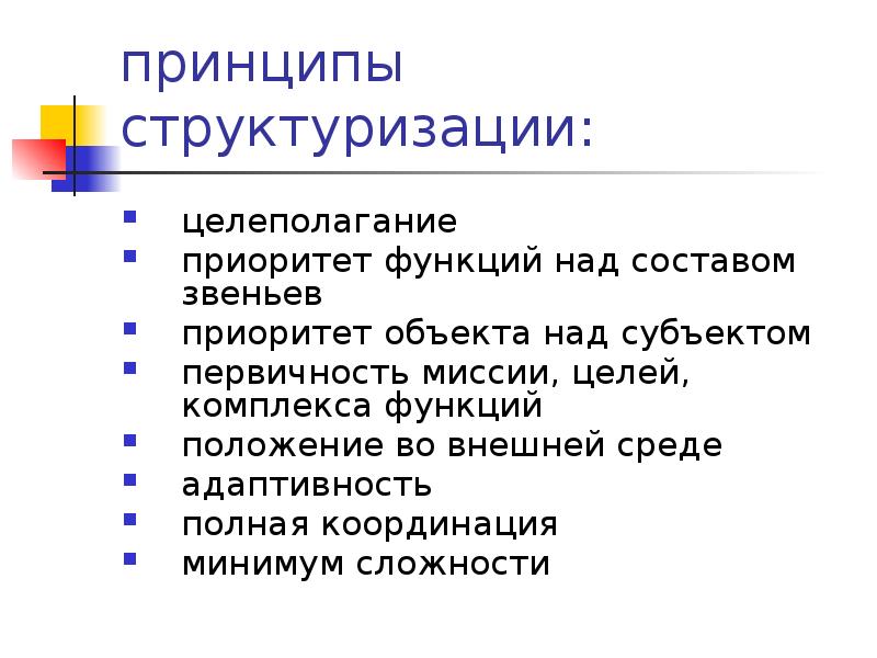 принципы структуризации: целеполагание приоритет функций над составом звеньев приоритет объекта над