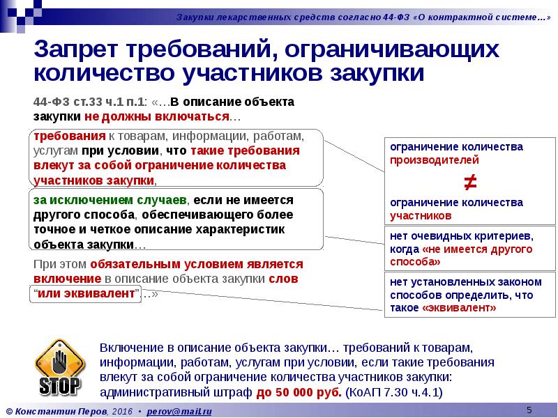 Запрет требований, ограничивающих количество участников закупки 44-ФЗ ст.33 ч.1 п.1: «…В
