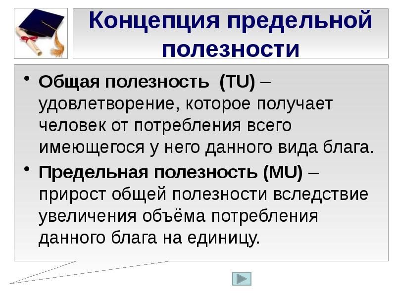 Получение удовлетворения. Понятие полезности. Понятие предельной полезности. Концепция полезности. Предельная полезность потребления.